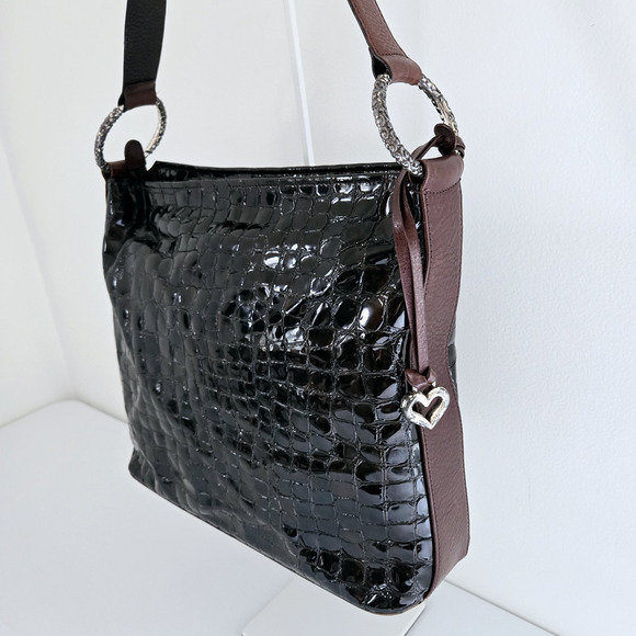 Brighton Shoulder Bag Dark Brown Patent Leather Croc Embossed Classic Purse 12" - Picture 2 of 16